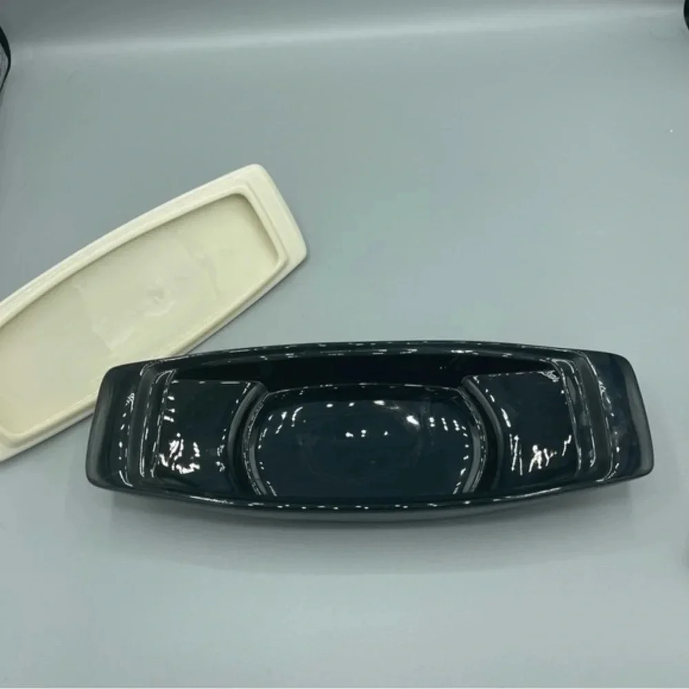 MCM Vintage Lenox Jam Relish Dish with 24-K Gold Black White Made in‎ USA